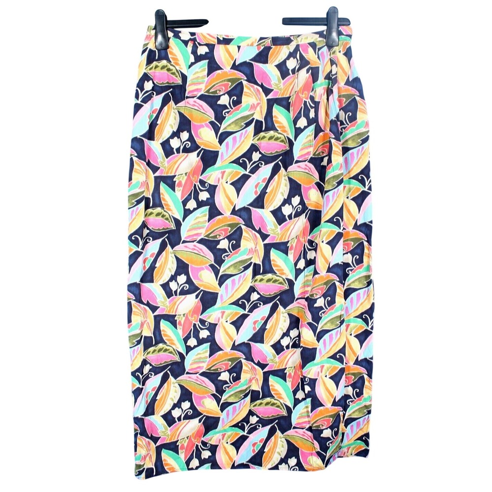 VTG TALBOTS Navy Blue/Multi Cotton Twill LEAF PRINT Pleated WRAP PENCIL SKIRT 14
